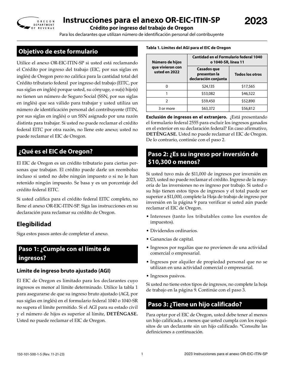 Instrucciones para Formulario 150-101-500-5 Anexo OR-EIC-ITIN-SP Credito Por Ingreso Del Trabajo De Oregon Para Los Declarantes Que Utilizan Numero De Identificacion Personal Del Contribuyente - Oregon (Spanish), Page 1