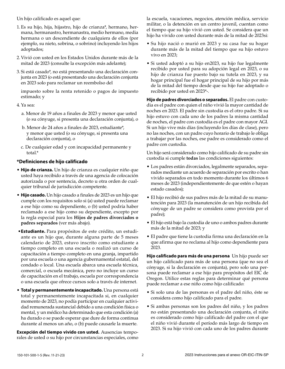 Instrucciones para Formulario 150-101-500-5 Anexo OR-EIC-ITIN-SP Credito Por Ingreso Del Trabajo De Oregon Para Los Declarantes Que Utilizan Numero De Identificacion Personal Del Contribuyente - Oregon (Spanish), Page 2