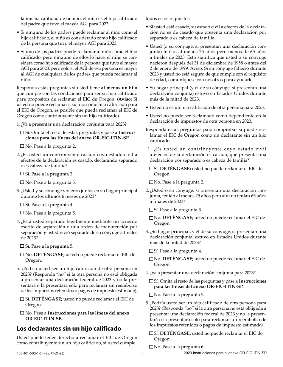 Instrucciones para Formulario 150-101-500-5 Anexo OR-EIC-ITIN-SP Credito Por Ingreso Del Trabajo De Oregon Para Los Declarantes Que Utilizan Numero De Identificacion Personal Del Contribuyente - Oregon (Spanish), Page 3