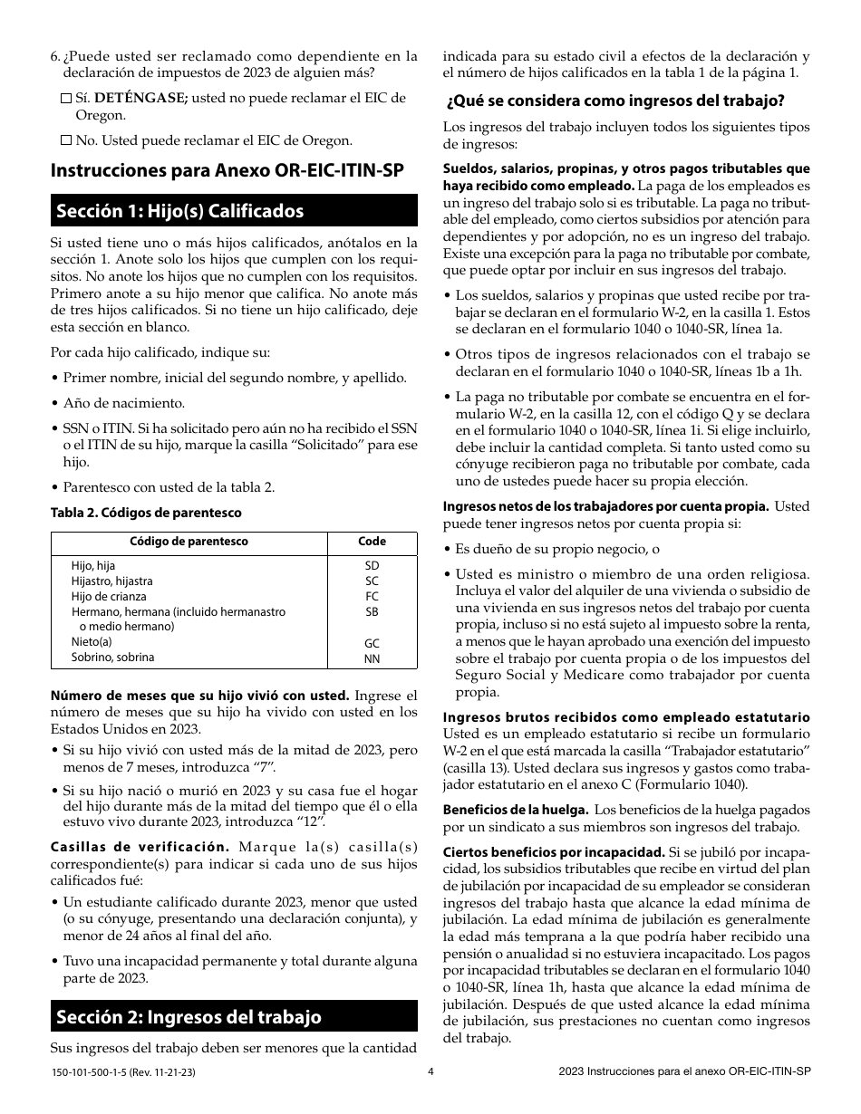 Instrucciones para Formulario 150-101-500-5 Anexo OR-EIC-ITIN-SP Credito Por Ingreso Del Trabajo De Oregon Para Los Declarantes Que Utilizan Numero De Identificacion Personal Del Contribuyente - Oregon (Spanish), Page 4
