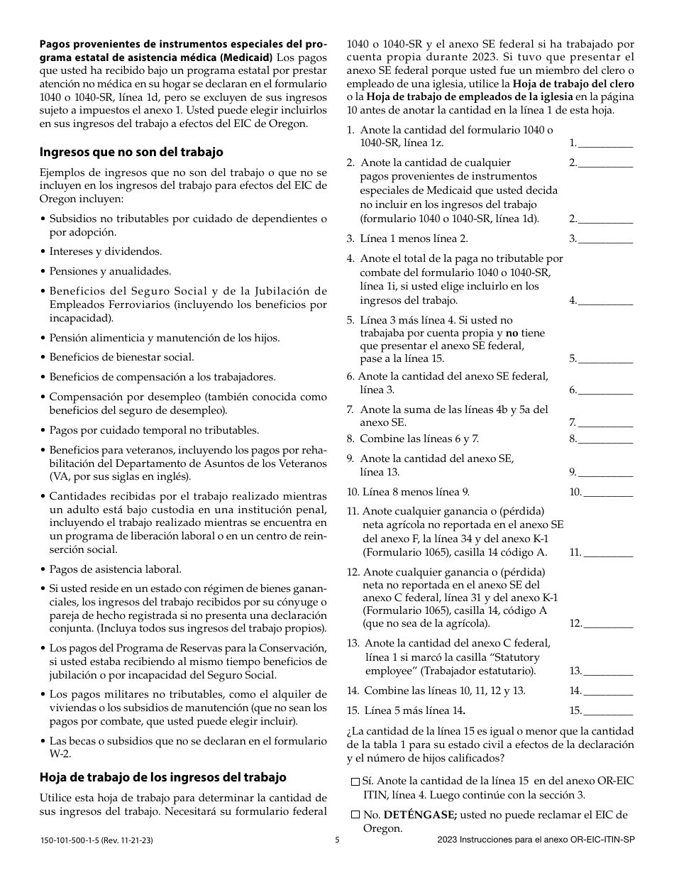 Instrucciones para Formulario 150-101-500-5 Anexo OR-EIC-ITIN-SP Credito Por Ingreso Del Trabajo De Oregon Para Los Declarantes Que Utilizan Numero De Identificacion Personal Del Contribuyente - Oregon (Spanish), Page 5