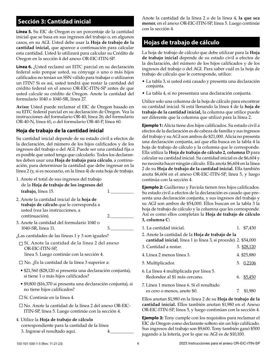 Instrucciones para Formulario 150-101-500-5 Anexo OR-EIC-ITIN-SP Credito Por Ingreso Del Trabajo De Oregon Para Los Declarantes Que Utilizan Numero De Identificacion Personal Del Contribuyente - Oregon (Spanish), Page 6