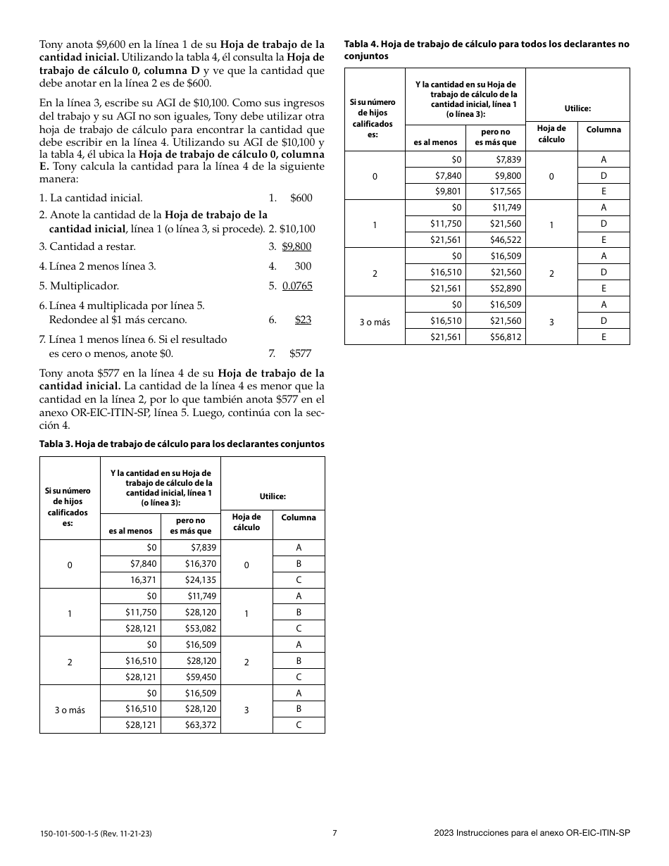 Instrucciones para Formulario 150-101-500-5 Anexo OR-EIC-ITIN-SP Credito Por Ingreso Del Trabajo De Oregon Para Los Declarantes Que Utilizan Numero De Identificacion Personal Del Contribuyente - Oregon (Spanish), Page 7