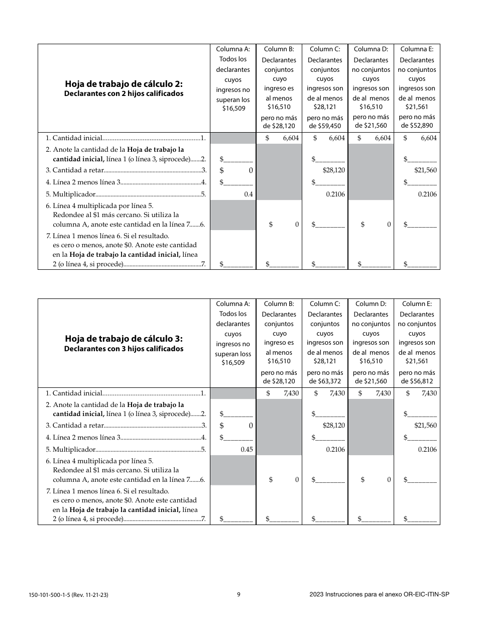 Instrucciones para Formulario 150-101-500-5 Anexo OR-EIC-ITIN-SP Credito Por Ingreso Del Trabajo De Oregon Para Los Declarantes Que Utilizan Numero De Identificacion Personal Del Contribuyente - Oregon (Spanish), Page 9