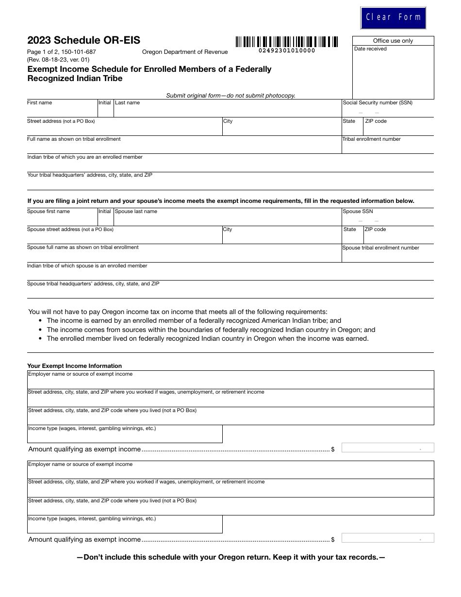 Form 150-101-687 Schedule OR-EIS Exempt Income Schedule for Enrolled Members of a Federally Recognized Indian Tribe - Oregon, Page 1