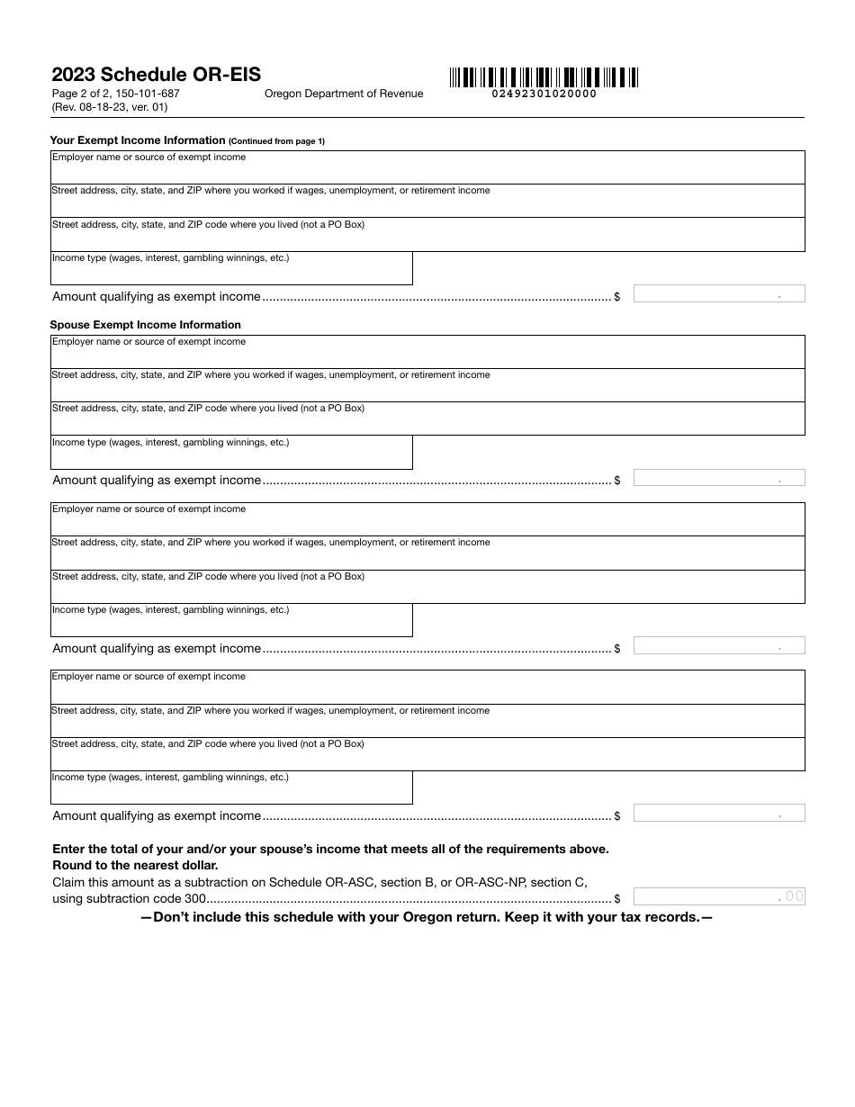 Form 150-101-687 Schedule OR-EIS Exempt Income Schedule for Enrolled Members of a Federally Recognized Indian Tribe - Oregon, Page 2
