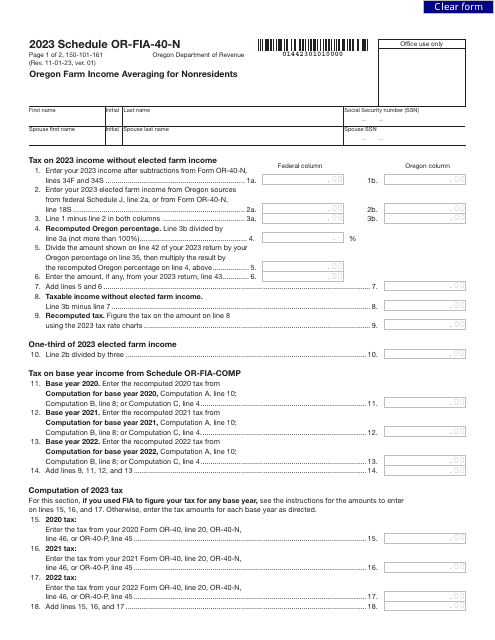 Form 150-101-161 Schedule OR-FIA-40-N Oregon Farm Income Averaging for Nonresidents - Oregon, 2023