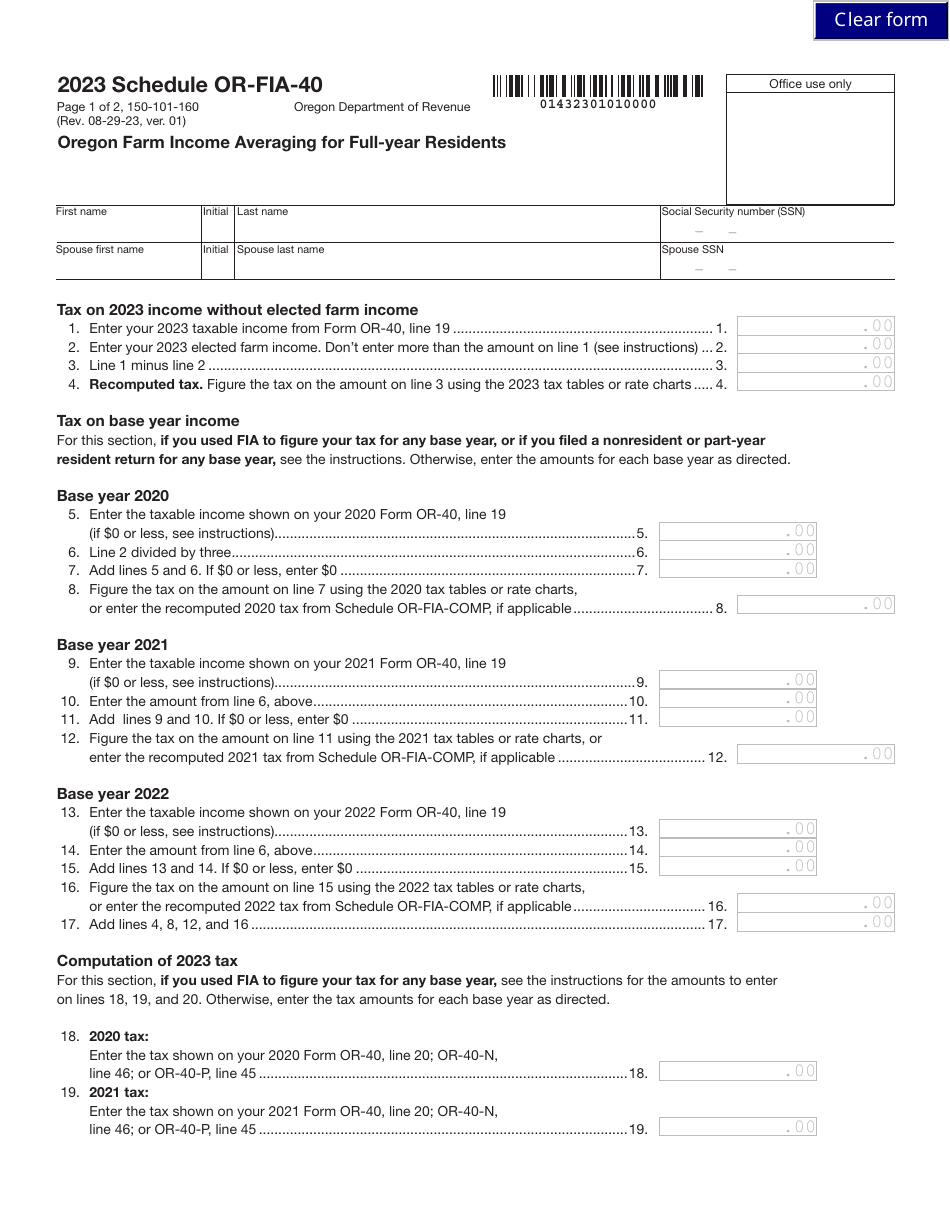Form 150-101-160 Schedule OR-FIA-40 Oregon Farm Income Averaging for Full-Year Residents - Oregon, Page 1