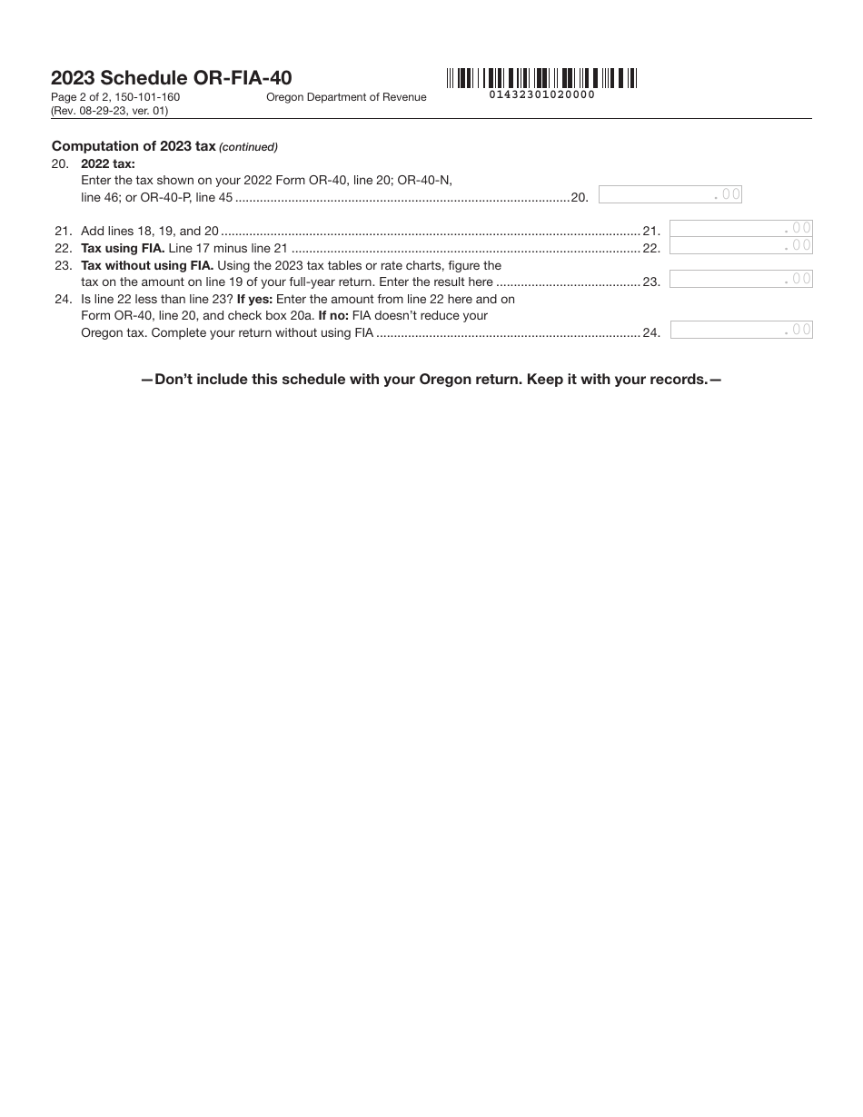 Form 150-101-160 Schedule OR-FIA-40 Oregon Farm Income Averaging for Full-Year Residents - Oregon, Page 2