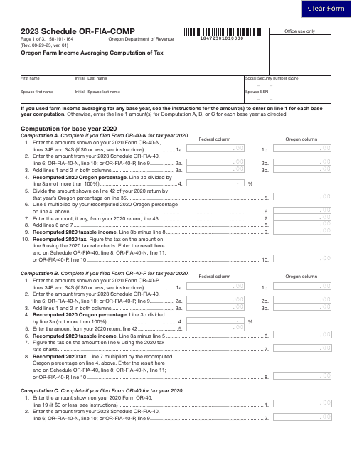 Form 150-101-164 Schedule OR-FIA-COMP Oregon Farm Income Averaging Computation of Tax - Oregon, 2023
