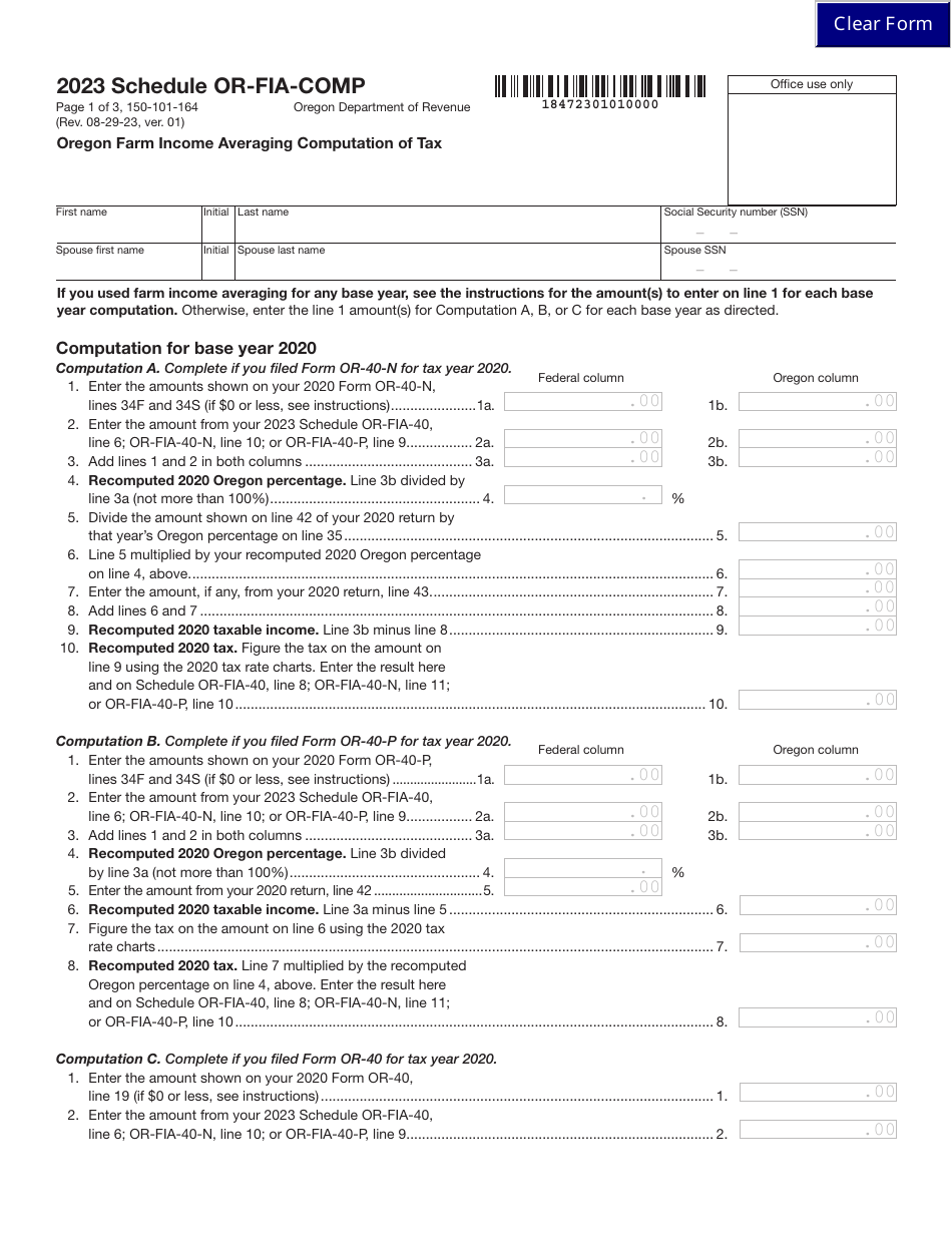 Form 150-101-164 Schedule OR-FIA-COMP Oregon Farm Income Averaging Computation of Tax - Oregon, Page 1