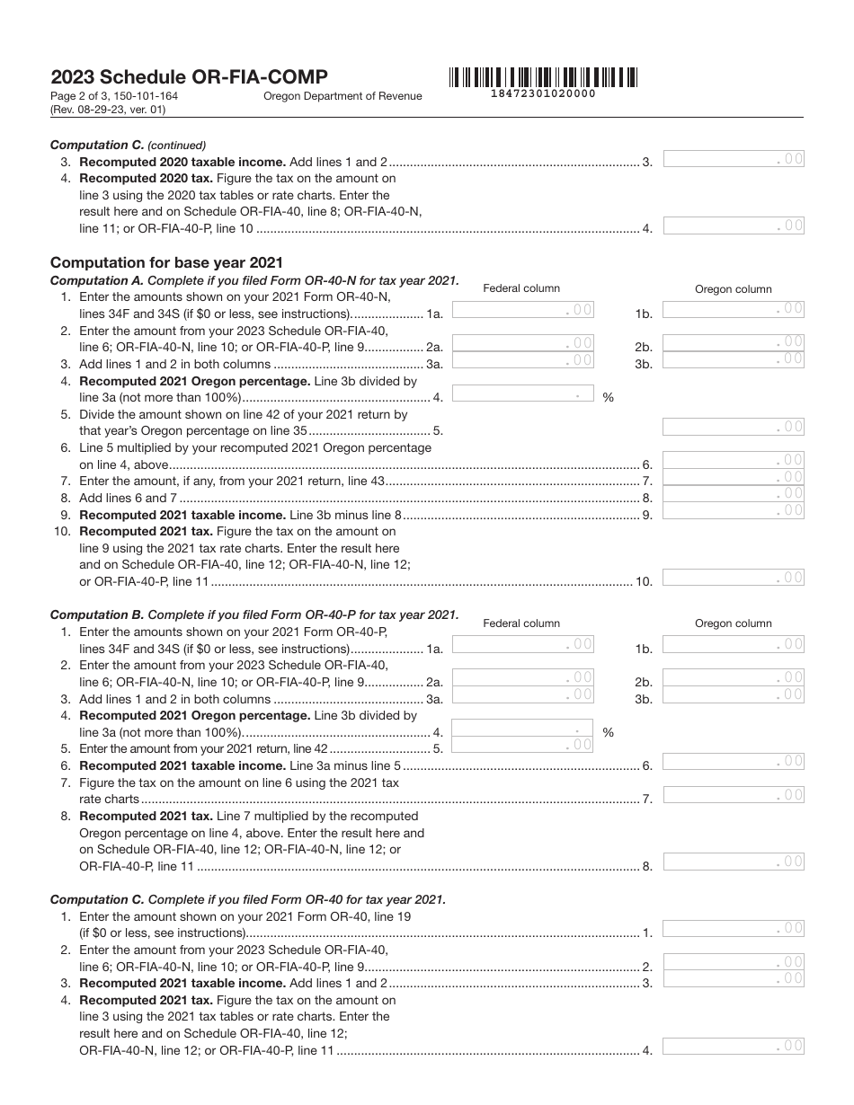 Form 150-101-164 Schedule OR-FIA-COMP Oregon Farm Income Averaging Computation of Tax - Oregon, Page 2