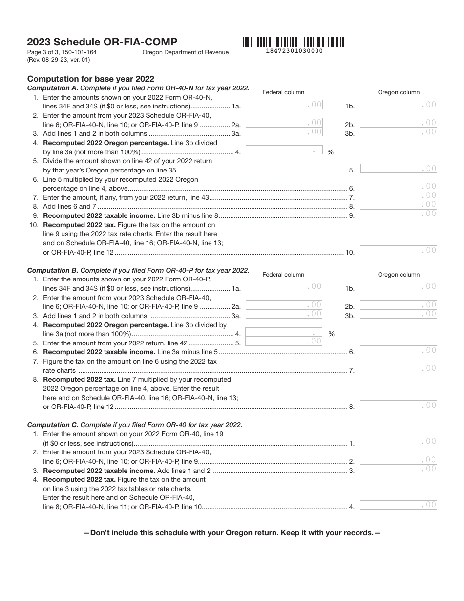 Form 150-101-164 Schedule OR-FIA-COMP Oregon Farm Income Averaging Computation of Tax - Oregon, Page 3