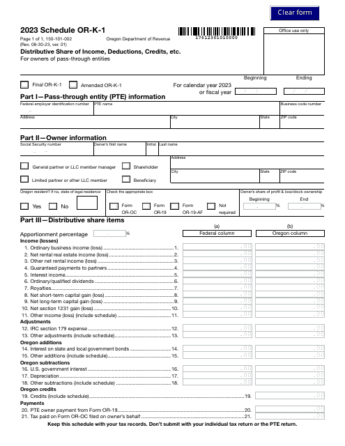 Form 150-101-002 Schedule OR-K-1 2023 Printable Pdf