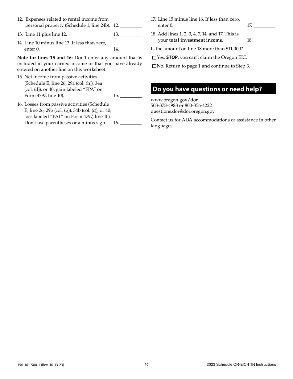 Instructions for Form 150-101-500 Schedule OR-EIC-ITIN Oregon Earned Income Credit - Oregon, Page 10