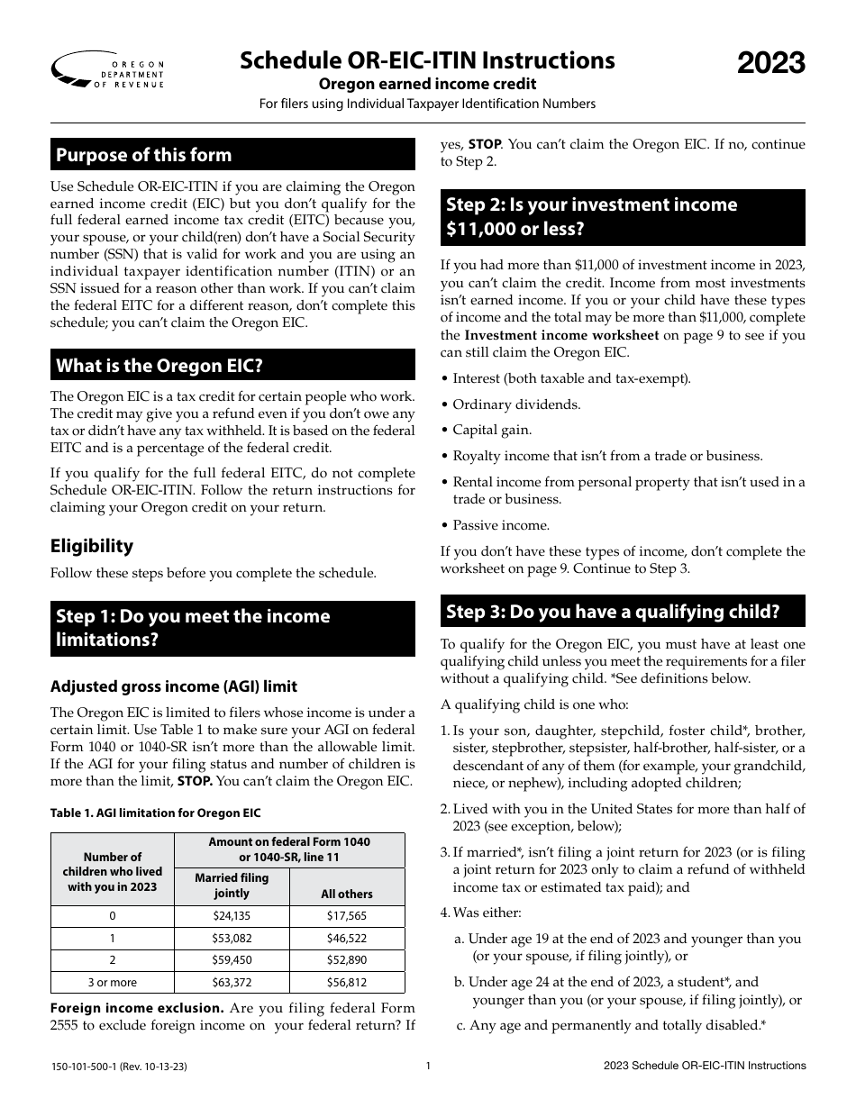 Instructions for Form 150-101-500 Schedule OR-EIC-ITIN Oregon Earned Income Credit - Oregon, Page 1