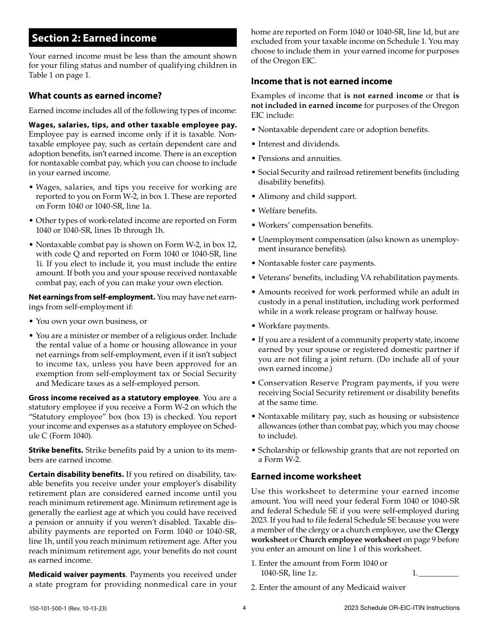 Instructions for Form 150-101-500 Schedule OR-EIC-ITIN Oregon Earned Income Credit - Oregon, Page 4