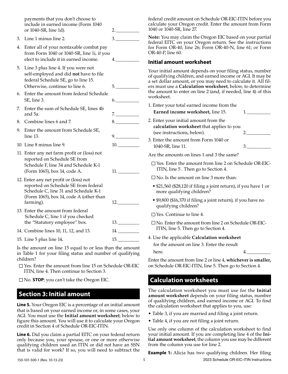 Instructions for Form 150-101-500 Schedule OR-EIC-ITIN Oregon Earned Income Credit - Oregon, Page 5
