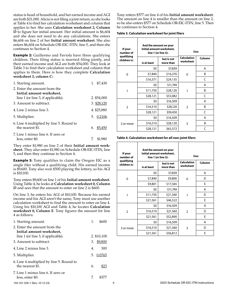 Instructions for Form 150-101-500 Schedule OR-EIC-ITIN Oregon Earned Income Credit - Oregon, Page 6