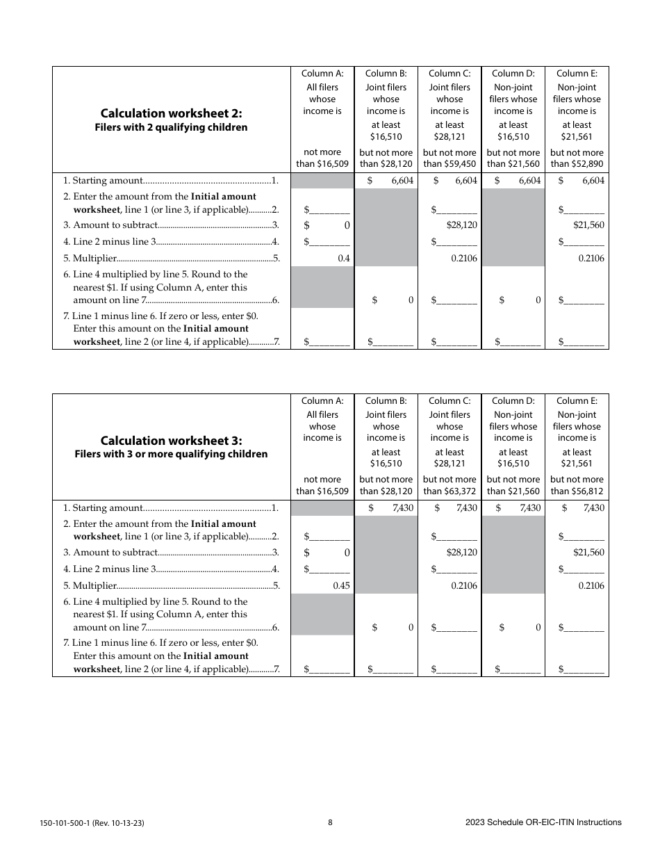 Instructions for Form 150-101-500 Schedule OR-EIC-ITIN Oregon Earned Income Credit - Oregon, Page 8