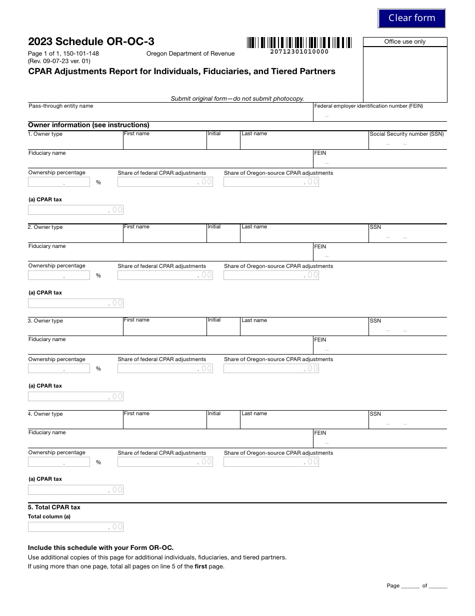 Form 150-101-148 Schedule OR-OC-3 Cpar Adjustments Report for Individuals, Fiduciaries, and Tiered Partners - Oregon, Page 1