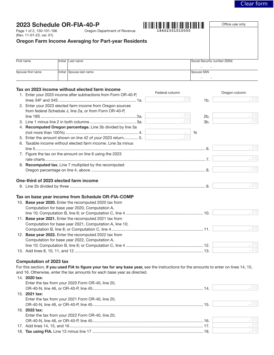 Form 150-101-166 Schedule OR-FIA-40-P Oregon Farm Income Averaging for Part-Year Residents - Oregon, Page 1