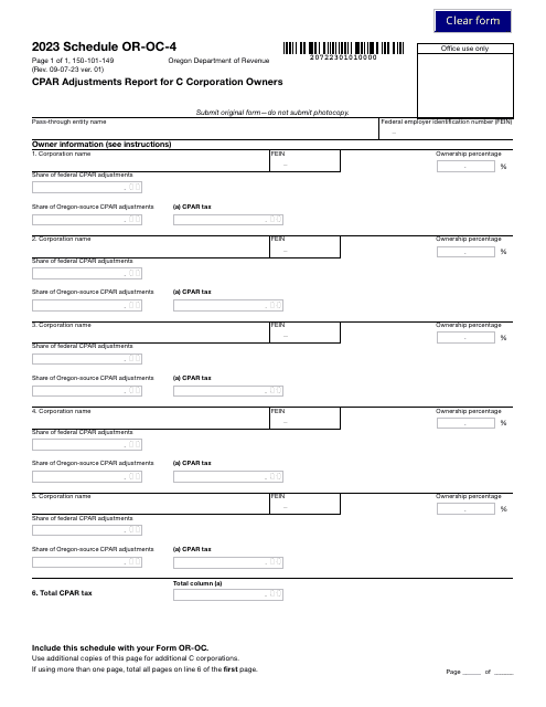 Form 150-101-149 Schedule OR-OC-4 Cpar Adjustments Report for C Corporation Owners - Oregon, 2023