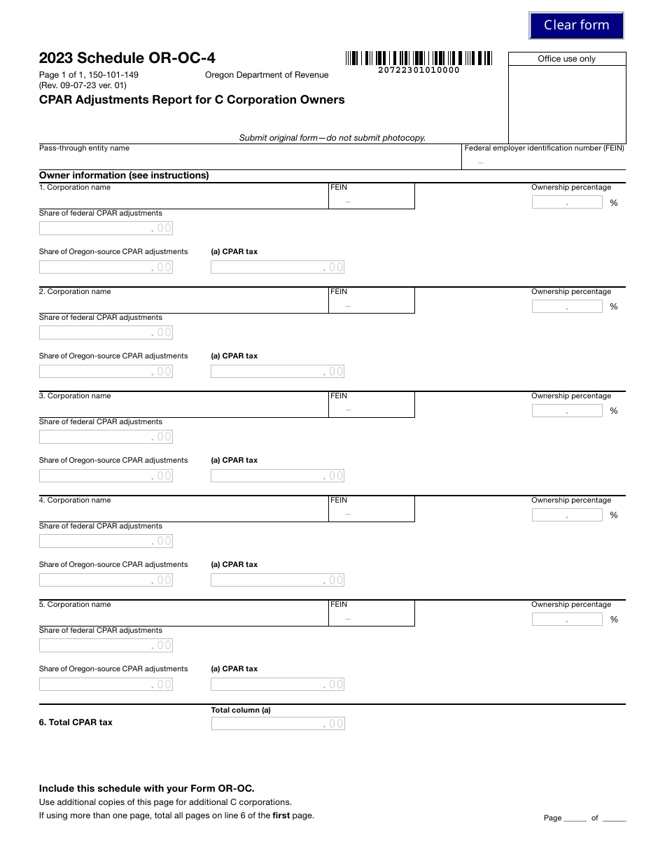 Form 150-101-149 Schedule OR-OC-4 Cpar Adjustments Report for C Corporation Owners - Oregon, Page 1
