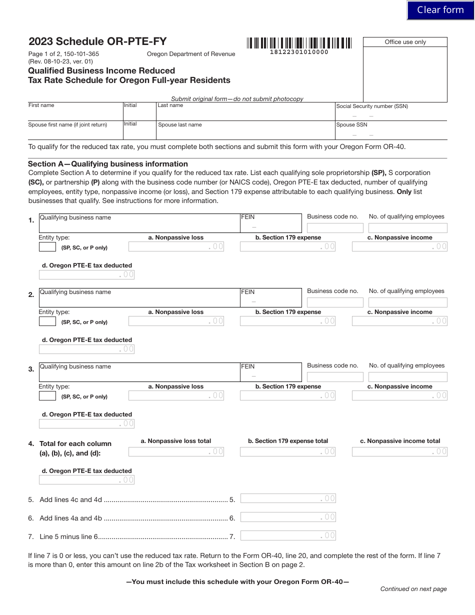 Form 150-101-365 Schedule OR-PTE-FY Qualified Business Income Reduced Tax Rate Schedule for Oregon Full-Year Residents - Oregon, Page 1