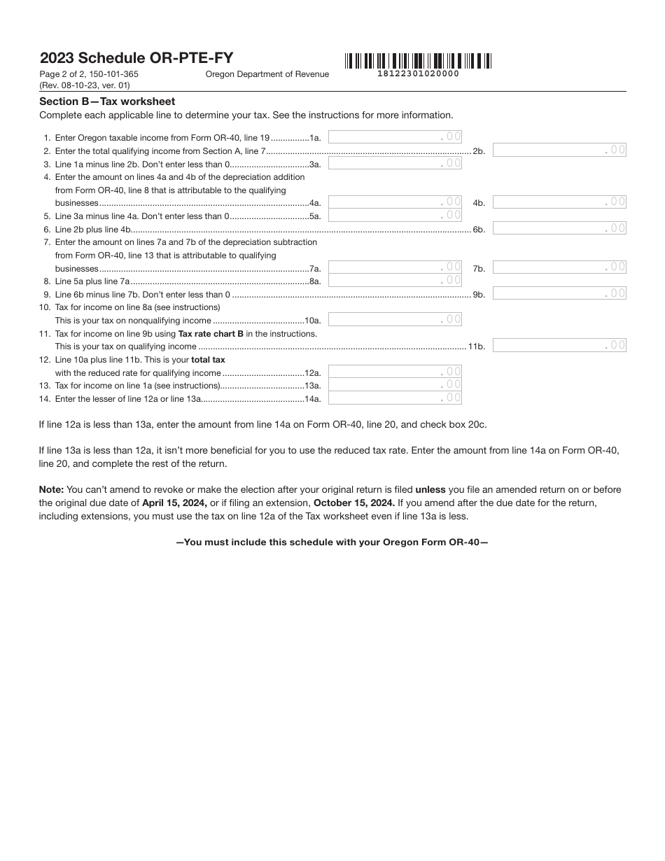 Form 150-101-365 Schedule OR-PTE-FY Qualified Business Income Reduced Tax Rate Schedule for Oregon Full-Year Residents - Oregon, Page 2