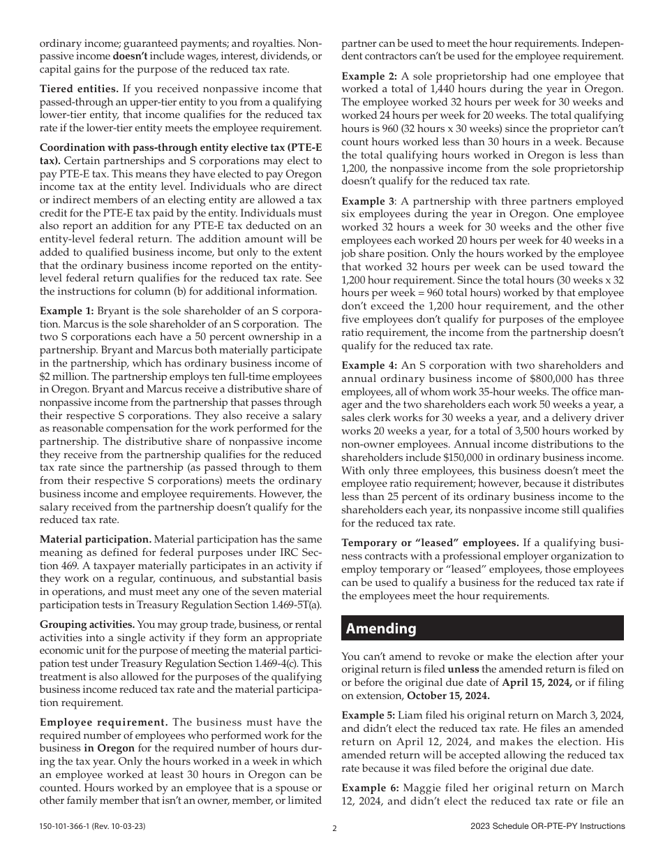 Instructions for Form 150-101-366 Schedule OR-PTE-PY Qualified Business Income Reduced Tax Rate Schedule for Oregon Part-Year Residents - Oregon, Page 2