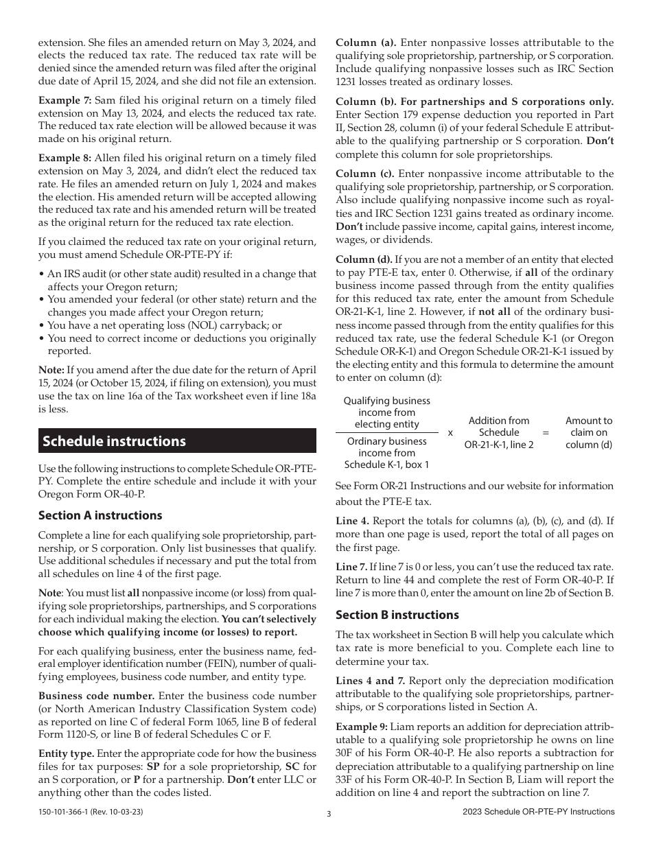 Instructions for Form 150-101-366 Schedule OR-PTE-PY Qualified Business Income Reduced Tax Rate Schedule for Oregon Part-Year Residents - Oregon, Page 3
