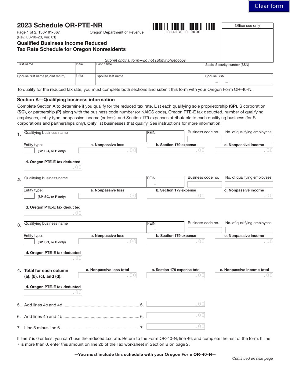 Form 150-101-367 Schedule OR-PTE-NR Qualified Business Income Reduced Tax Rate Schedule for Oregon Nonresidents - Oregon, Page 1