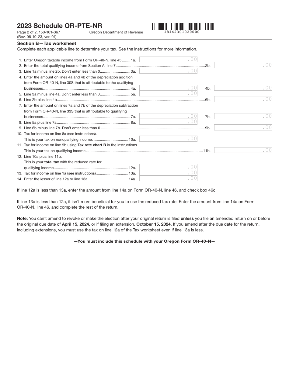 Form 150-101-367 Schedule OR-PTE-NR Qualified Business Income Reduced Tax Rate Schedule for Oregon Nonresidents - Oregon, Page 2
