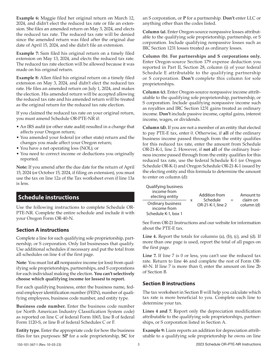 Instructions for Form 150-101-367 Schedule OR-PTE-NR Qualified Business Income Reduced Tax Rate Schedule for Oregon Nonresidents - Oregon, Page 3