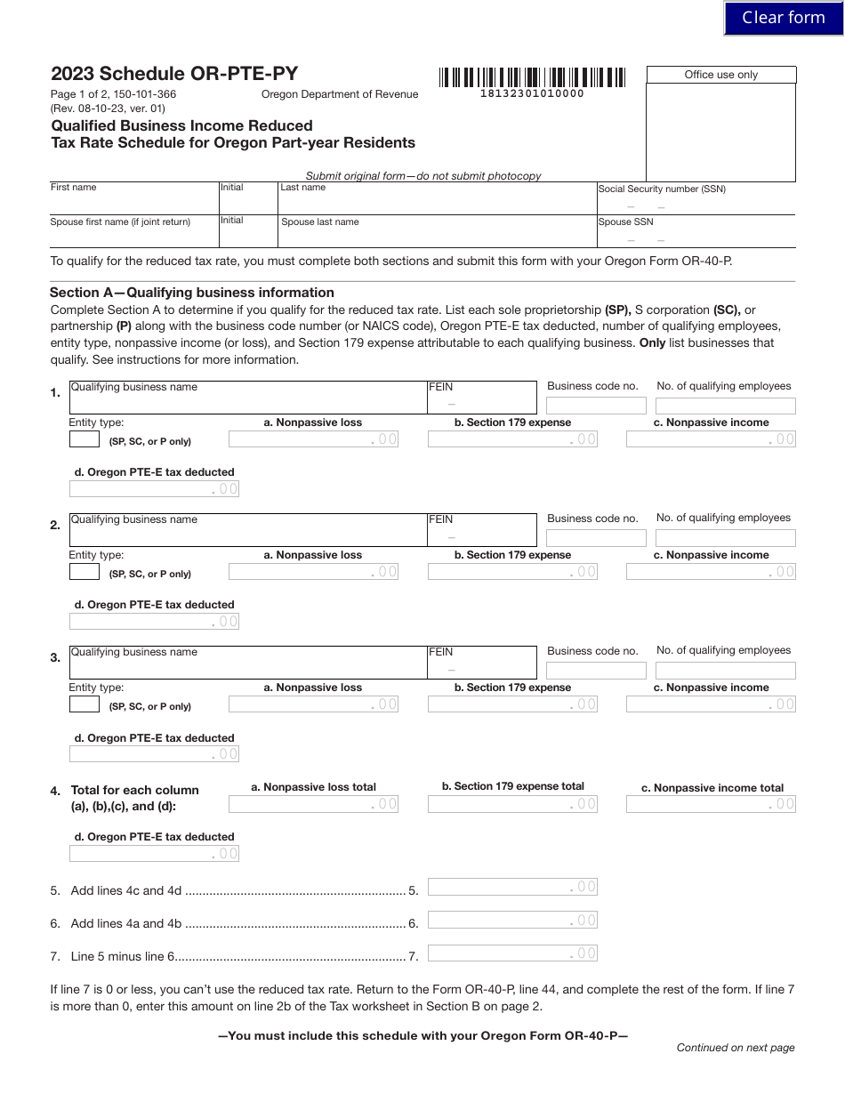 Form 150-101-366 Schedule OR-PTE-PY Qualified Business Income Reduced Tax Rate Schedule for Oregon Part-Year Residents - Oregon, Page 1