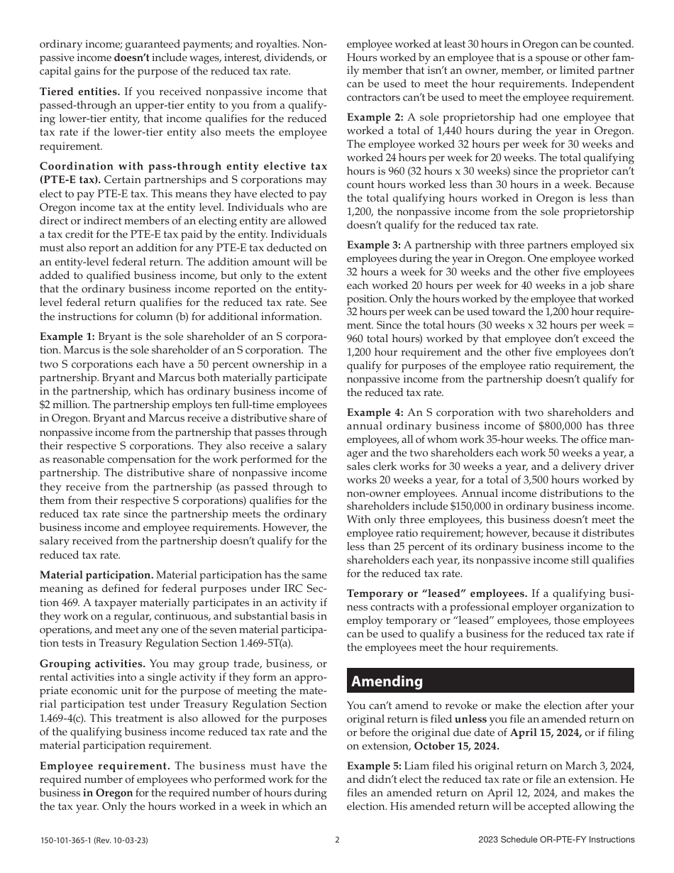 Instructions for Form 150-101-365 Schedule OR-PTE-FY Qualified Business Income Reduced Tax Rate Schedule for Oregon Full-Year Residents - Oregon, Page 2