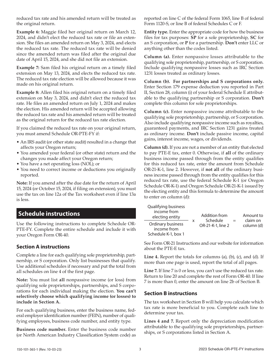 Instructions for Form 150-101-365 Schedule OR-PTE-FY Qualified Business Income Reduced Tax Rate Schedule for Oregon Full-Year Residents - Oregon, Page 3