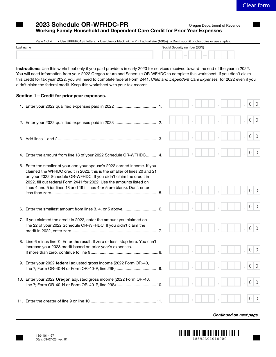 Form 150-101-197 Schedule OR-WFHDC-PR Working Family Household and Dependent Care Credit for Prior Year Expenses - Oregon, Page 1