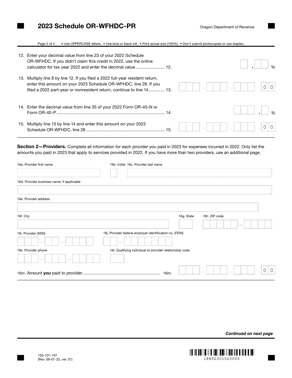 Form 150-101-197 Schedule OR-WFHDC-PR Working Family Household and Dependent Care Credit for Prior Year Expenses - Oregon, Page 2