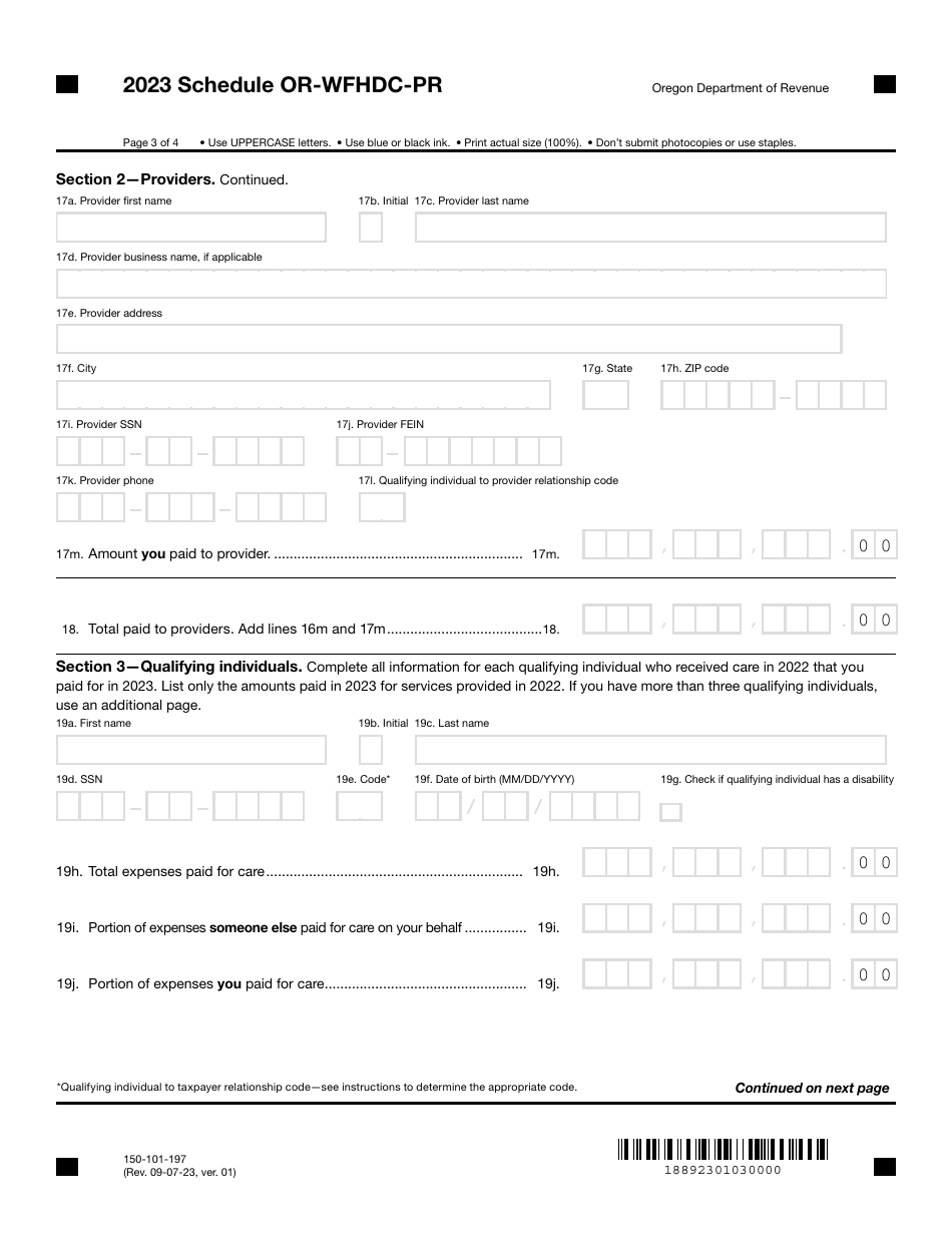 Form 150-101-197 Schedule OR-WFHDC-PR Working Family Household and Dependent Care Credit for Prior Year Expenses - Oregon, Page 3