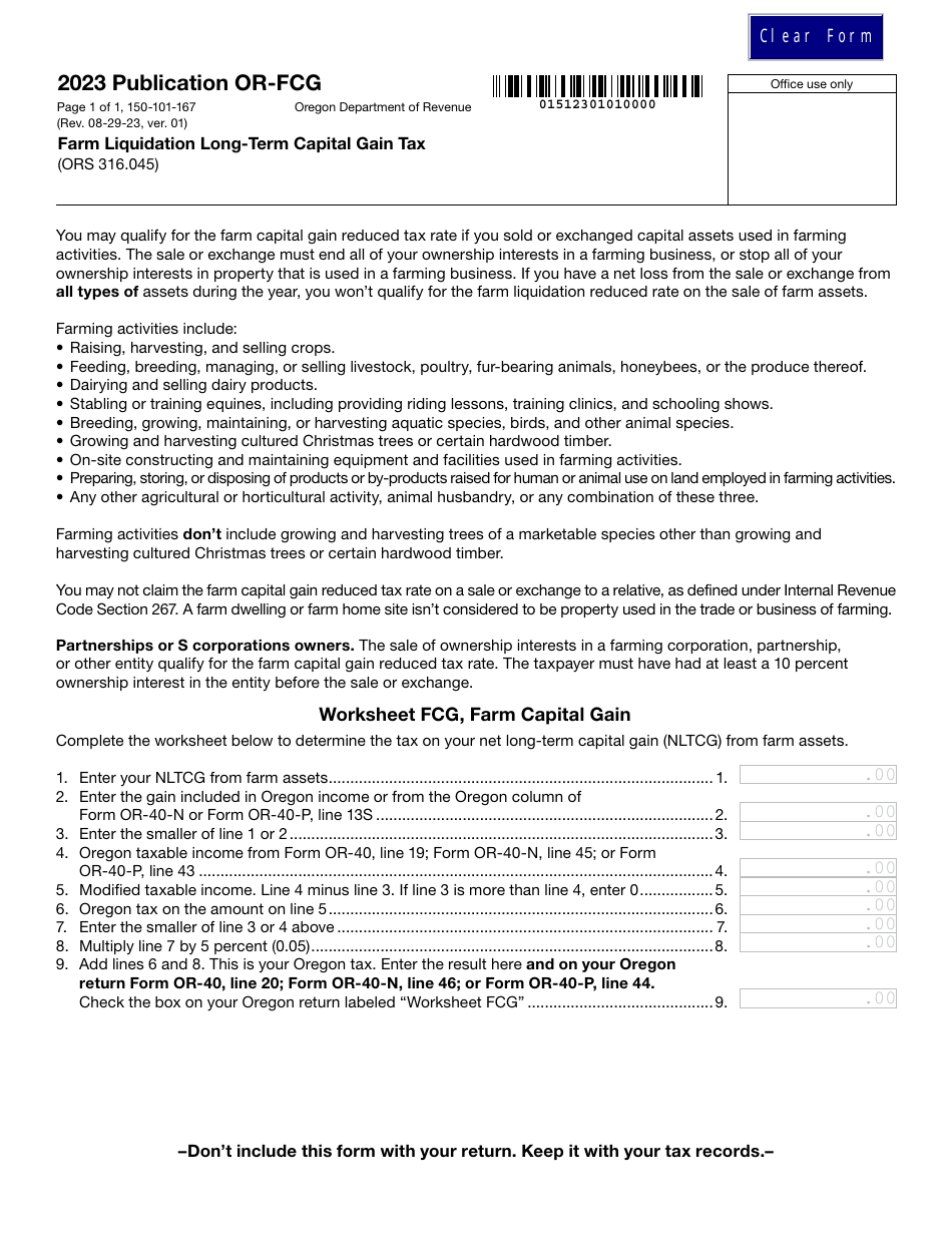 Form 150-101-167 Worksheet OR-FCG Farm Liquidation Long-Term Capital Gain Tax - Oregon, Page 1