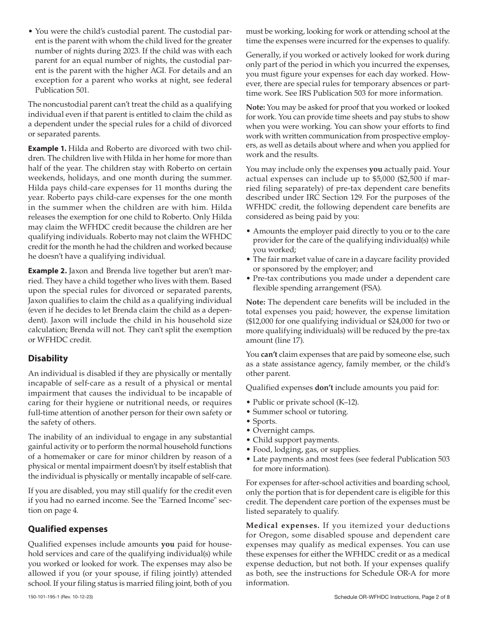 Instructions for Form 150-101-195 Schedule OR-WFHDC Oregon Working Family Household and Dependent Care Credit - Oregon, Page 2