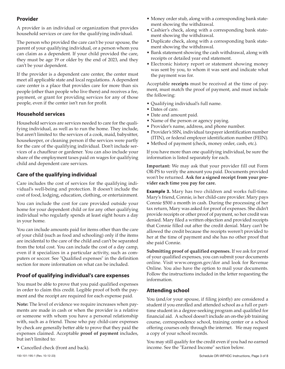 Instructions for Form 150-101-195 Schedule OR-WFHDC Oregon Working Family Household and Dependent Care Credit - Oregon, Page 3
