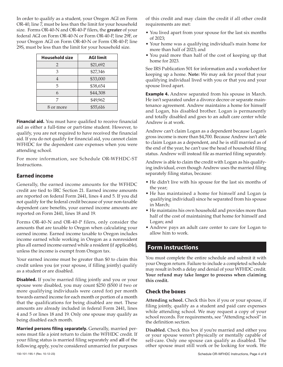 Instructions for Form 150-101-195 Schedule OR-WFHDC Oregon Working Family Household and Dependent Care Credit - Oregon, Page 4
