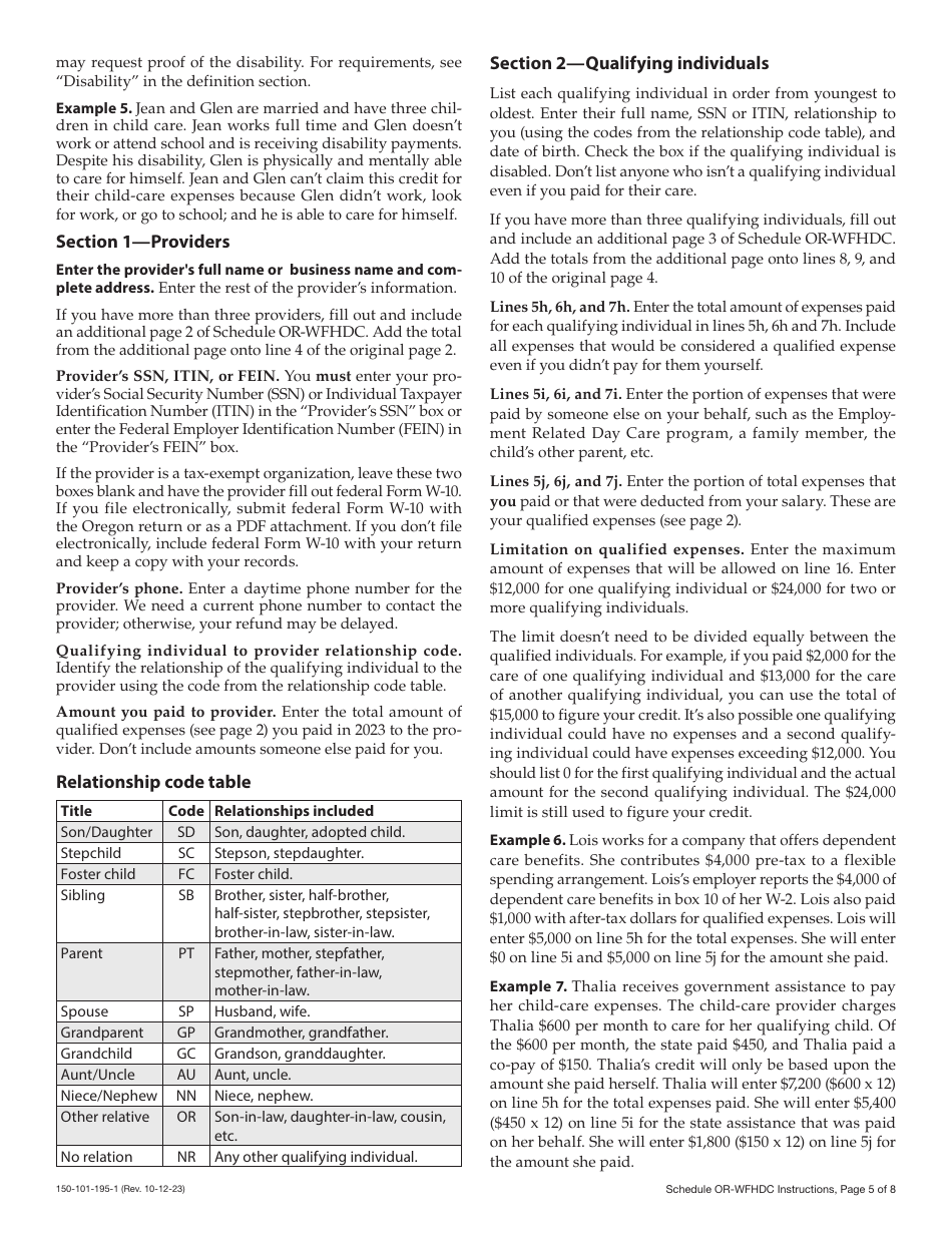 Instructions for Form 150-101-195 Schedule OR-WFHDC Oregon Working Family Household and Dependent Care Credit - Oregon, Page 5
