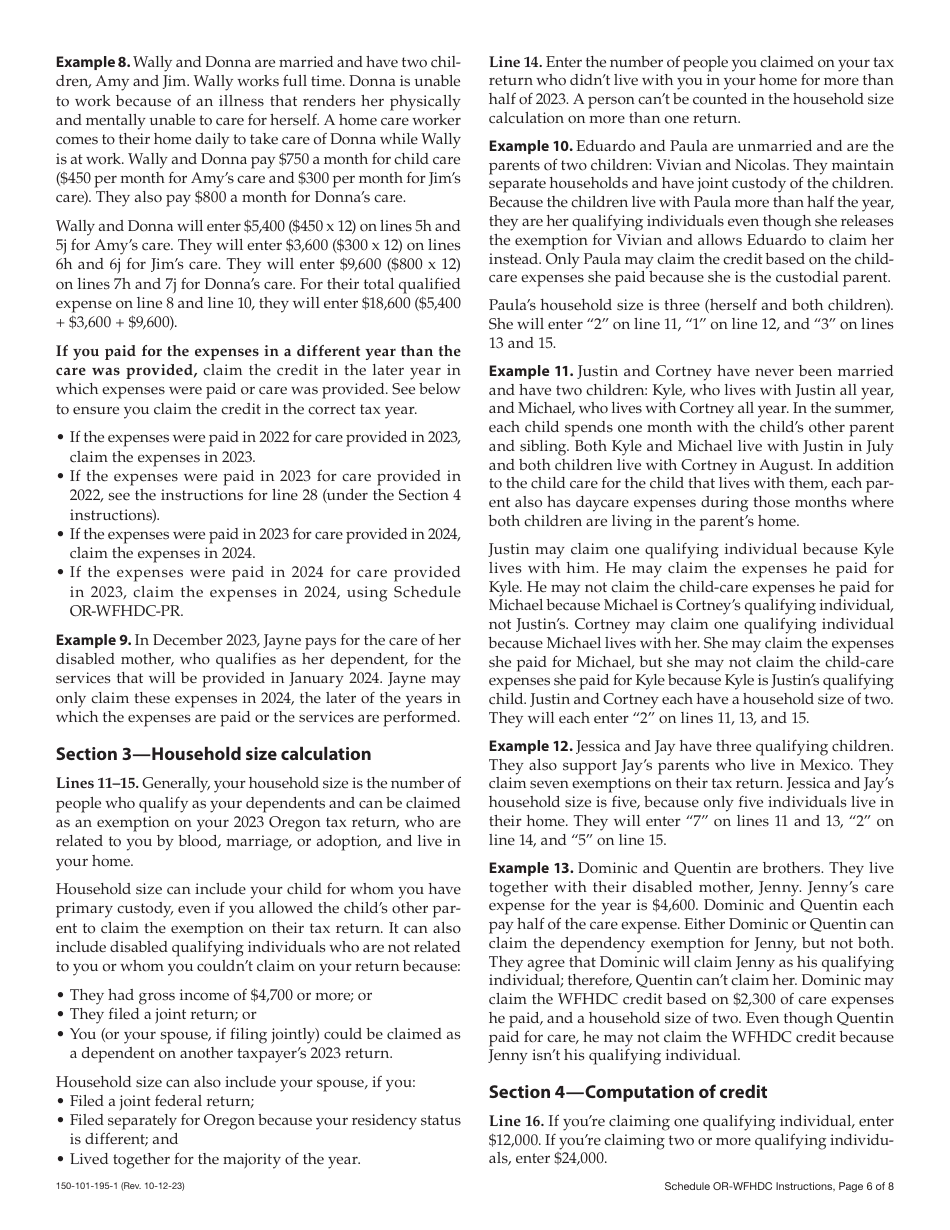 Instructions for Form 150-101-195 Schedule OR-WFHDC Oregon Working Family Household and Dependent Care Credit - Oregon, Page 6