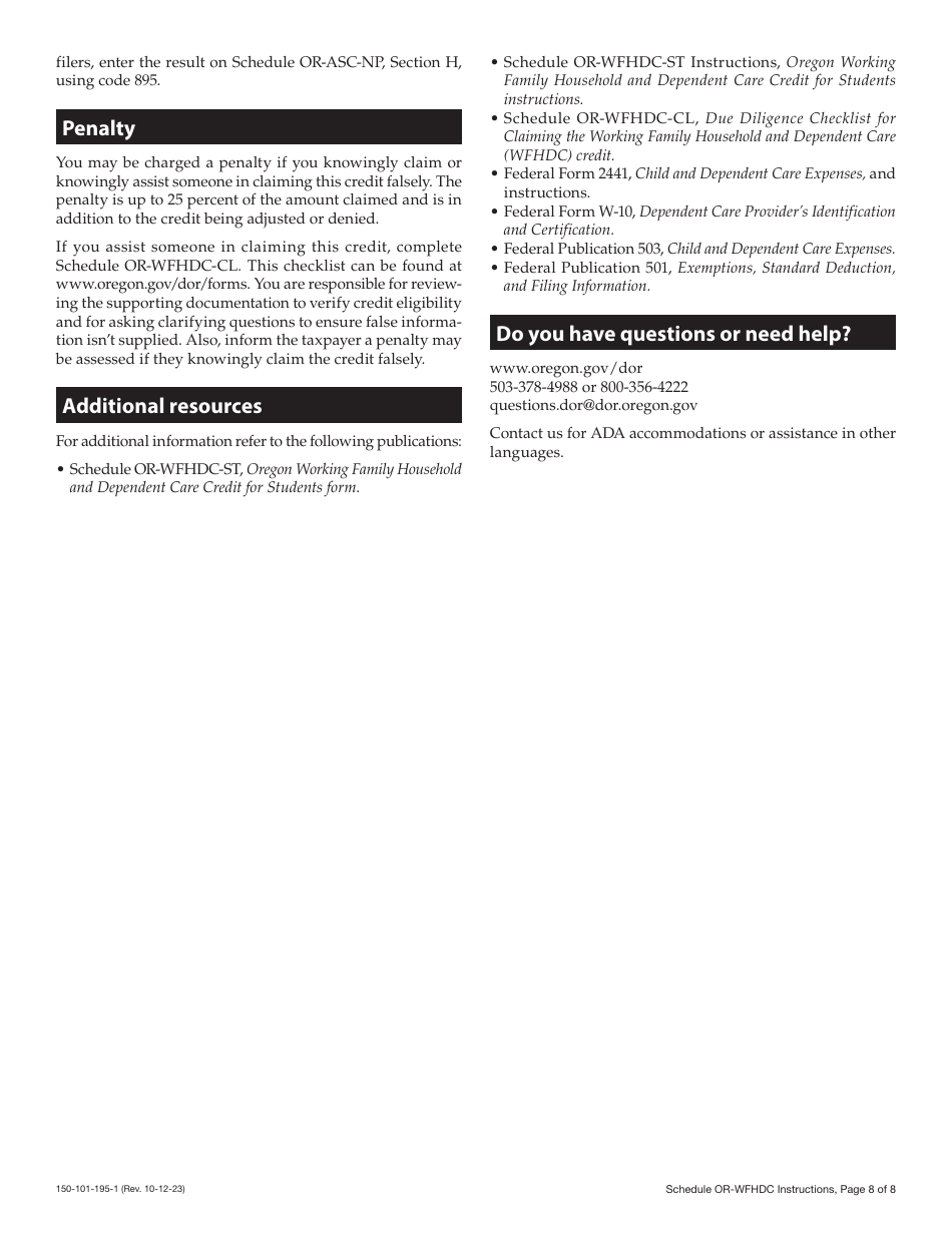 Instructions for Form 150-101-195 Schedule OR-WFHDC Oregon Working Family Household and Dependent Care Credit - Oregon, Page 8