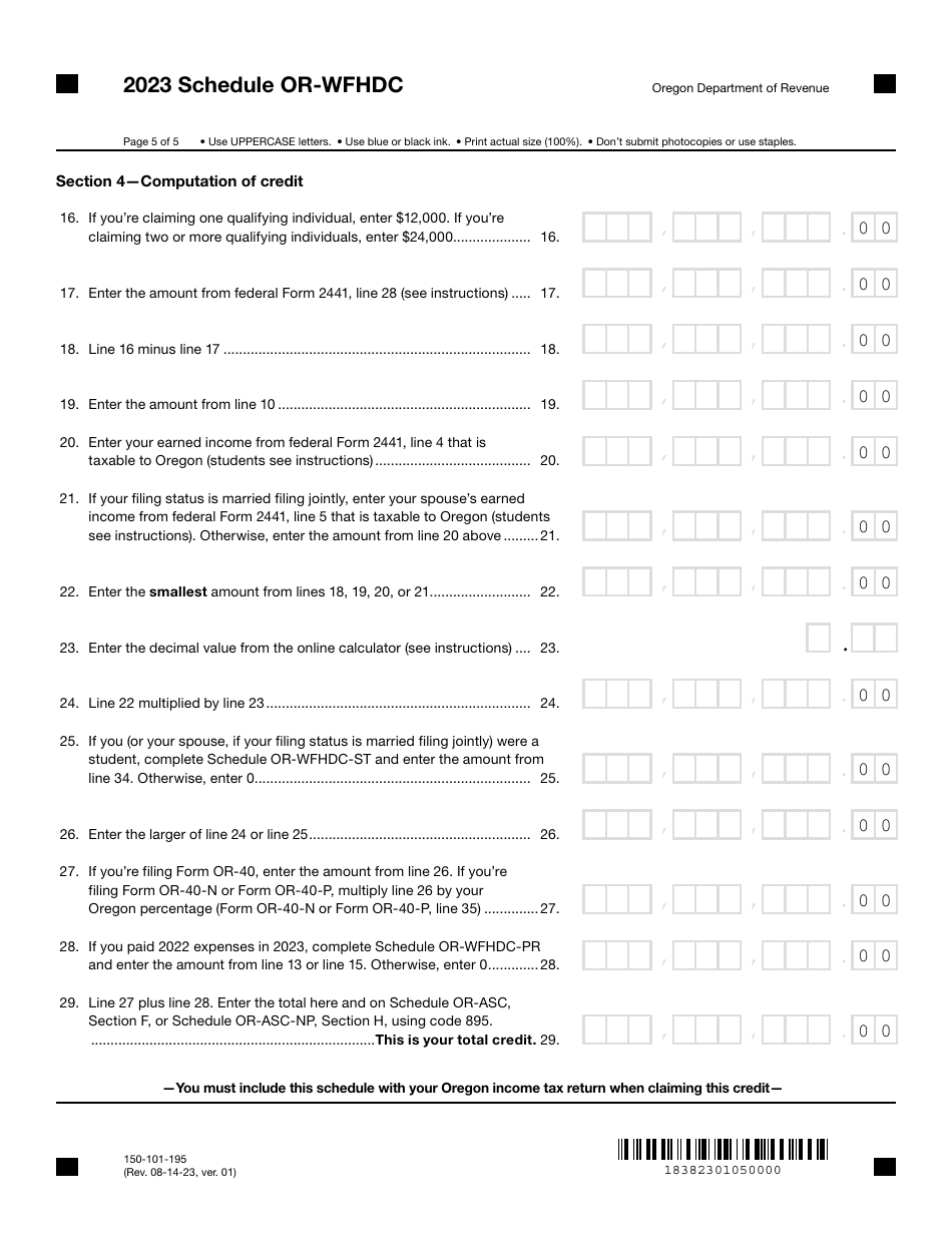 Form 150-101-195 Schedule OR-WFHDC Oregon Working Family Household and Dependent Care Credit - Oregon, Page 5