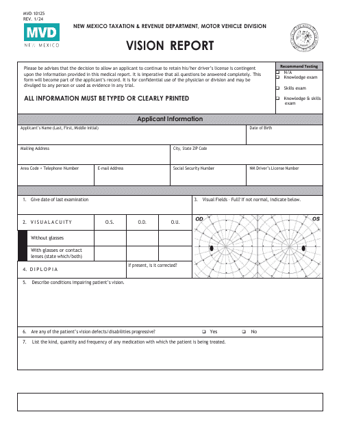 Form MVD-10125 Vision Report - New Mexico